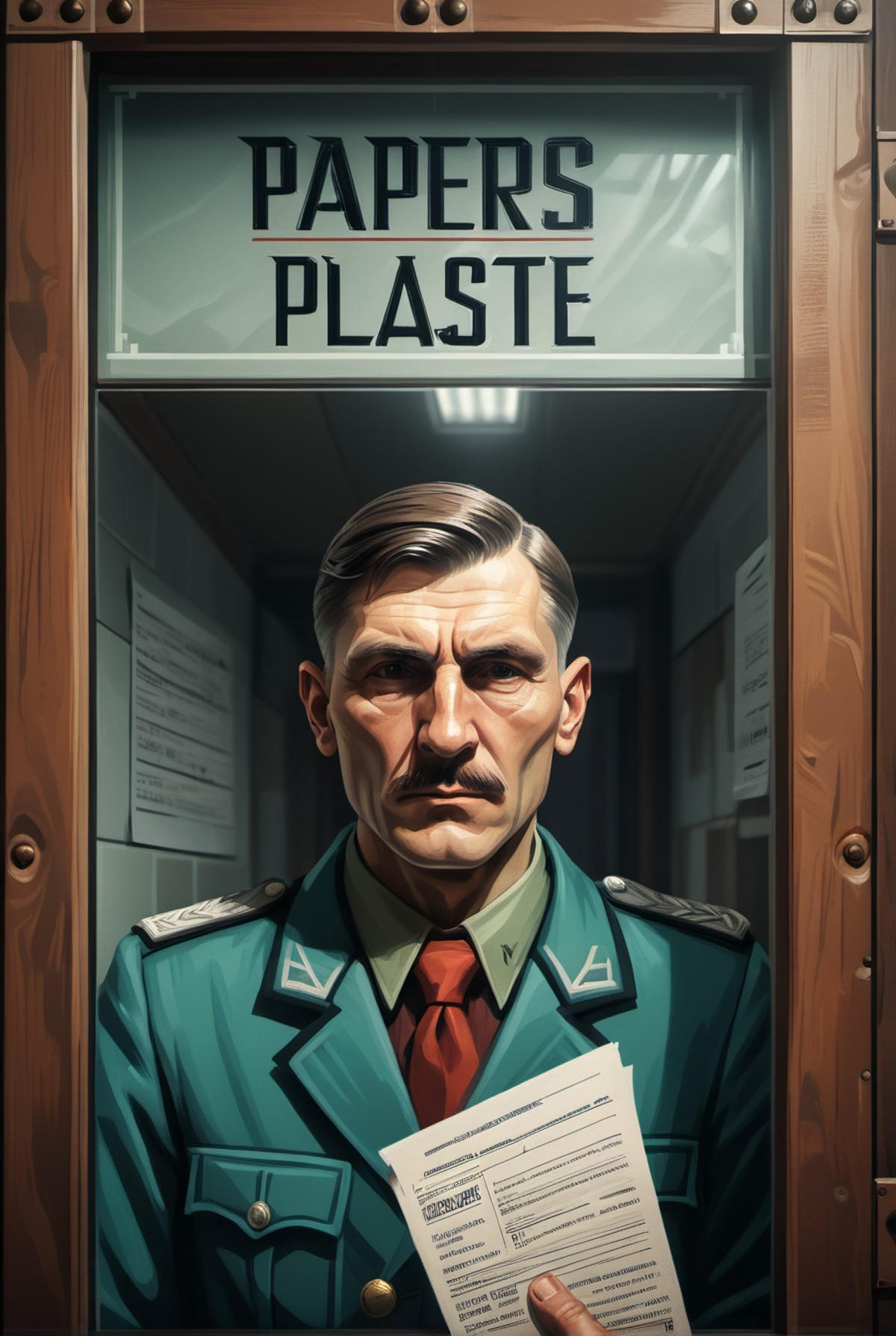 ("Papers please " text logo:1.5), <lora:Harrlogos_v1.1:1>,a bureaucratic slavic man asking for papers in a secure cabin be...
