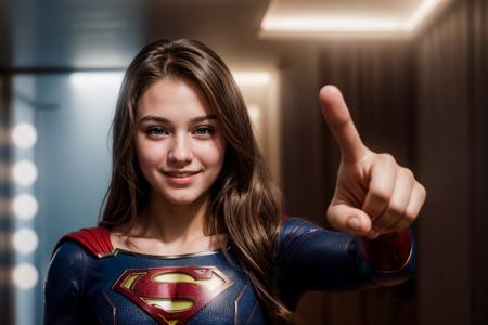 DC movies,photo of a 18 year old girl,supergirl,pointing at viewer,happy,laughing,ray tracing,detail shadow,shot on Fujifilm X-T4,85mm f1.2,sharp focus,depth of field,blurry background,bokeh,lens flare,motion blur,<lora:add_detail:1>,