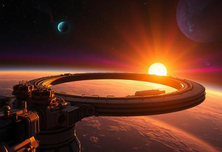 (8k, best quality, masterpiece:1.2), ultra-detailed, Masterpiece, realistic lighting, long-range perspective, maintenance-ring, futuristic epic Space station, beautiful colorful lighting as the sun peaks out from behind a planet. its atmosphere creating a beautiful golden crescent shape. some stars should be visible as well as a teal and purple nebula in the distance.