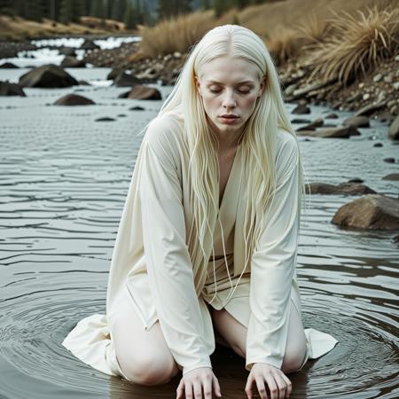 close up analogue photo of a beautiful 25 years (((albino woman:1.5))) with white hair (((pale skin:1.5))), white hair, <lora:Lumiya_SDXL:0.6>, A woman kneels at the edge of a mountain stream, face reflected in water, robes of earth-toned silk trailing into the current, painterly brushwork and natural light.