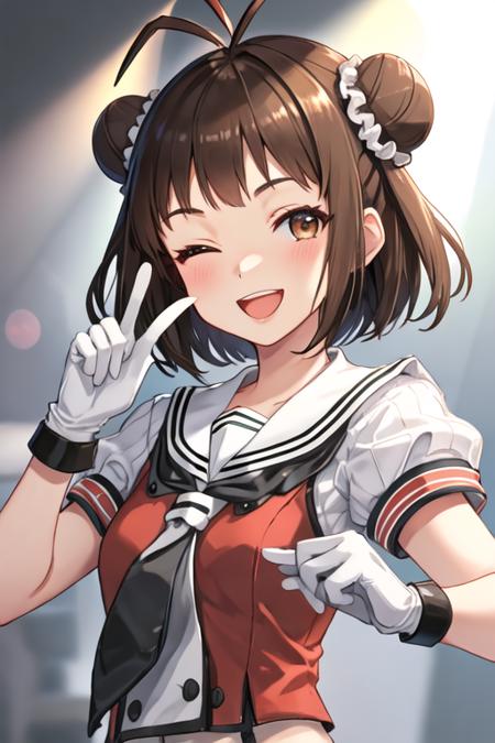 best quality, masterpiece, highres, solo, {naka_kantaicollection:1.15}, double_bun, hair_bun, brown_hair, short_hair, antenna_hair, brown_eyes, smile, serafuku, open_mouth, one_eye_closed, 1girl, ;d, gloves, looking_at_viewer, school_uniform, v, white_gloves