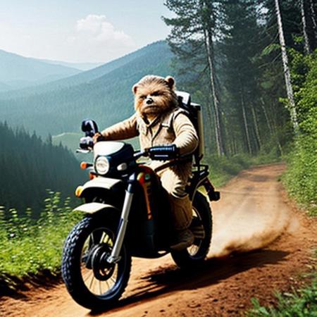 A full body photo of an Ewok on Endor, it's carrying an Uzi and riding an ATV, 
It looks cute and adorable yet fierce at the same time, The Ewok equivalent of Rambo, funny, 
highest quality, exceptional accuracy and realism,
