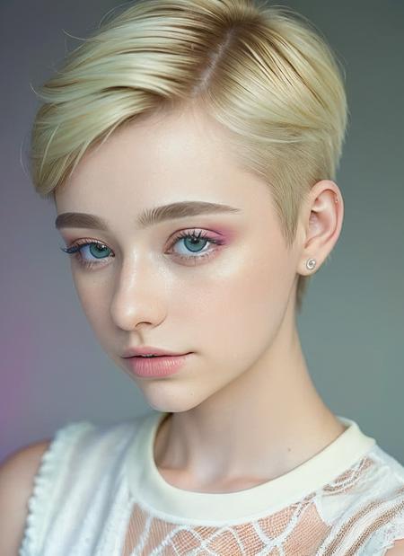 portrait of skswoman, :3 , wearing designer wear , with light blonde Pixie cut , background summer epic (photo, studio lighting, hard light, sony a7, 50 mm, matte skin, pores, colors, hyperdetailed, hyperrealistic), <lyco:Dasha Taran:1.1>