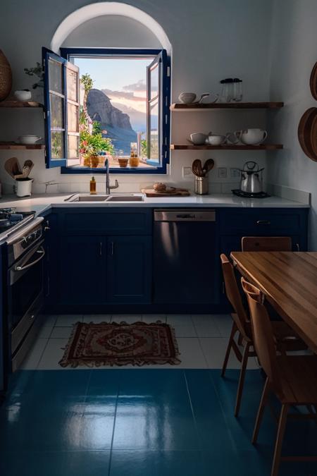 interior photography, santoriniiterior, kitchen, coffee cup, mediteranian, details, yellow light, lamp, white wall, blue paint, dawn, painting, flower, mirror, <lora:ARWSantoriniInterior:1>