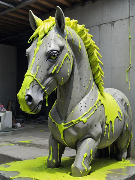 conrtneo, a concrete horse sculpture covered in neon yellow slime paint, detailed, painting,  <lora:- SDXL - conrtneo _neon-concrete _V1.0:1>