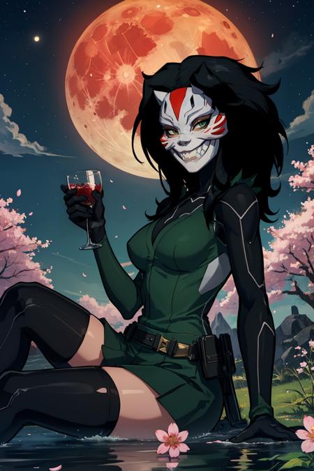 (masterpiece, best quality:1.2), <lora:cheshire:.9>, cheshire, 1girl, solo, black hair, green eyes, teeth, (mask:1.2), sharp teeth, belt, hair tubes, long hair, grin, smile, breasts, large breasts, gloves, cosplay, black gloves, bodysuit, thighhighs, cup, moon, cherry blossoms, looking at viewer, sitting, full moon, water, petals, night, alcohol, from side, sky, red moon