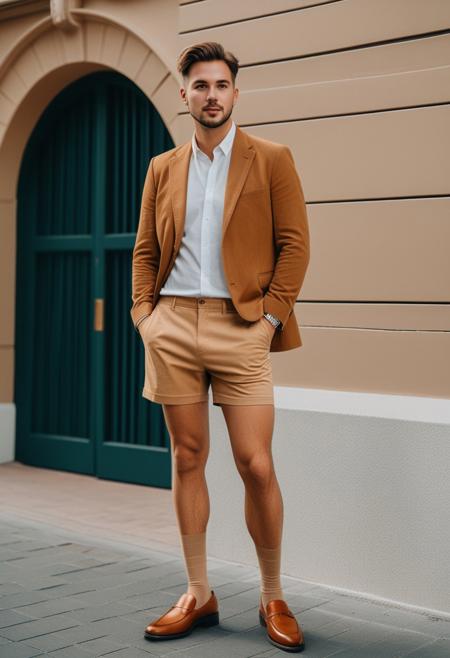 <lora:RealPantyhose_XL:1>, masterpiece, full body male portrait, shorts, ((tan color:2) RealPantyhose:1), loafer, (urban street), (high detailed skin:1.2), 8k uhd, dslr, soft lighting, high quality, film grain, Fujifilm XT3