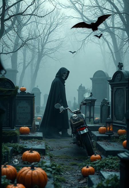 ultra realism, ultra image quality instilling an atmosphere of horror, mystery and excitement. It is as if we have entered the world of the dead.
In the cemetery, located on the edge of the city, Death wanders among the graves, wrapped in a black mantle. A dead soul follows him, the spirit of a deceased rocker tied on a magical leash leads him to the world of the dead. The graves are covered with moss and cobwebs, and the tombstones tablets are inscribed with ancient runes. A fog hovers around the graves, adding to the eerie feeling. Ghostly figures appear and disappear among the graves, watching from the shadows.
Colors: Orange, black, purple, navy blue, green.
Objects: Pumpkins, brooms, bats, cobwebs, cauldrons, skeletons, grills, motorcycles, lanterns, graves, coffins, skulls and bones, Gothic style.
Emotions: Horror, fear.
Atmosphere: Dark, mysterious, exciting, as if we are in the world of the dead.
Styles: realistic, gothic, rock metal style.
Additional elements: Fog that covers the streets, enhancing the eerie feeling; old, creaky wooden signs with ghostly inscriptions; flickering candle lights in the pumpkins casting dancing shadows; and ghostly figures appearing in the distance watching from the shadows.