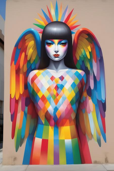 <lora:Okuda San Miguel Style:1>Okuda San Miguel Style - produces a vigilante angel, similar in style to Okuda, the artist, on a wall in the city of Los Angeles.