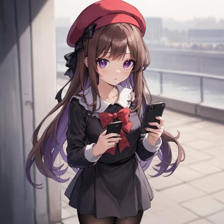 phone,cellphone,1girl,smartphone,holding_phone,hat,blurry,pantyhose,depth_of_field,holding,beret,solo,long_hair,red_headwear,brown_hair,bow,blurry_background,purple_eyes,black_legwear,