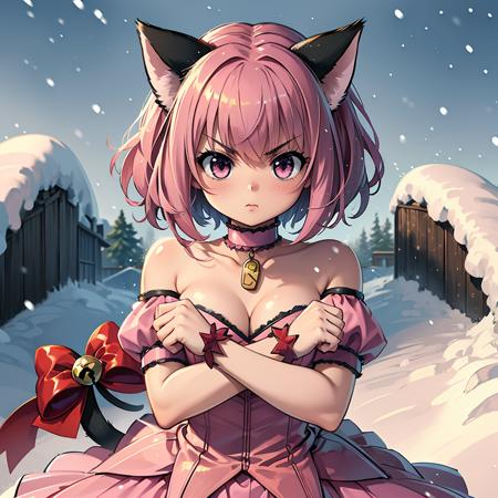 masterpiece,best quality,highly detailed,1girl,solo,serious,concentrating,v-shaped eyebrows,
<lora:momomiya_ichigo_v2:0.75>,blush,bow,cat girl,cat tail,choker,cleavage,detached sleeves,dress,gloves,large breasts,magical girl,mi1,pink choker,pink dress,puffy detached sleeves,puffy sleeves,red gloves,ribbon,tail,tail bell,tail bow,tail ornament,short hair,pink hair,
BREAK
<lora:x-Arms:0.4>,(((crossing arms in an X shape,crossed arms,clenched hands))),cross,hands on own chest,(((heavy snowfall, hair and clothes covered with snow))),