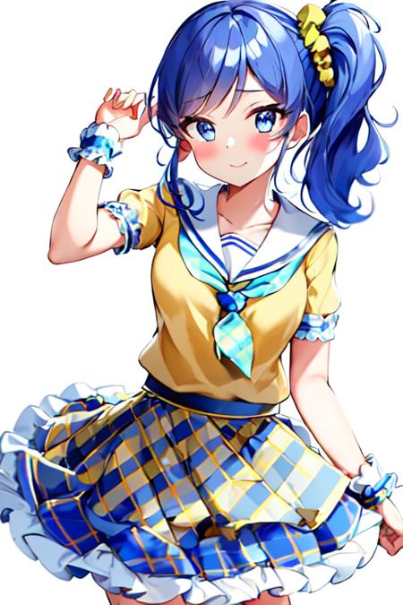 ((detailed clothes features,detailed face,masterpiece,highres))white background
<lora:kiriya aoi_v6:0.75> 1girl,kiriya aoi, school dress 1,blue eyes, blue hair, blue scrunchie, blue skirt, blush, hair ornament, blue neckerchief, hair scrunchie, side ponytail, skirt, neckerchief, solo, frilled skirt, short sleeves, plaid, wrist cuffs, scrunchie, yellow shirt, checkered skirt, checkered scarf, sailor collar, puffy short sleeves, serafuku, plaid bow, plaid skirt, wristband