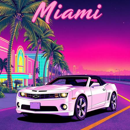 Retro poster style album cover titled "Miami", in a vibrant retro 1980s Miami Vice + GTA Vice City style. A white 2010 Chevrolet Camaro with black soft top roof is parked under glowing neon palm trees along Ocean Drive, with art-deco buildings lit up in pastel pink, turquoise, and sunset orange. The sky is a deep purple-pink gradient with glowing stars and distant city lights. The road trough the keys stretches into the horizon, hinting at the road trip to Key West. The whole image has a nostalgic, electric vibe with bold linework, airbrushed highlights, and a stylish, slightly surreal atmosphere — like a mix between a vintage travel poster and a synthwave album cover.