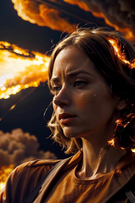 cinematic style,1girl,Emily Blunt,brown clothes,close-up,silhouette,explode,nuclear explosion,flame,solo,surrounded by orange smoke,(orange theme:1.5),outdoors,
masterpiece,best quality,ultra highres,beautiful and detailed skin,<lora:Oppenheimer-000000:1>,