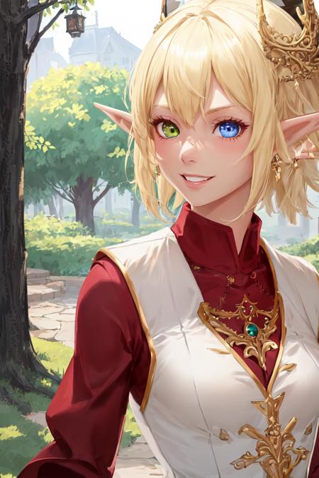 highres, sharp focus, pixiv masterpiece, ((intricate details)), highly detailed, 1girl, pointy ears, heterochromia, smile, green eyes, blue eyes, blonde hair, elf, dark skin,  upper body, female, red shirt, vest, long sleeves, brown gloves, white pants, aura_overlord<lora:Aura_Overlord_1_0:0.8>