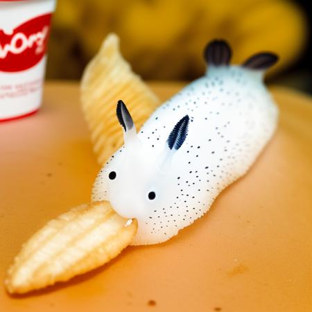 a white jorunna eating a french fry at wendy's <lora:seabnuuys-000160:0.8>