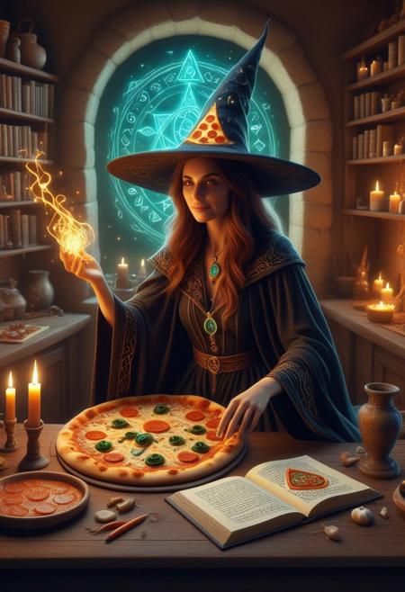 A highly detailed and enchanting digital illustration of a witch seated at a table with a magical pizza glowing softly in front of her. The witch has a mysterious and elegant appearance, wearing a traditional pointed hat adorned with glowing runes and a dark, flowing robe. In one hand, she holds an ancient spellbook with mystical symbols and pages that seem to shimmer with enchantment. In the other hand, she conjures a swirling, glowing magic portal that radiates vibrant colors and energy. The setting is a cozy, mystical room with shelves of potions, spell ingredients, and glowing candles, adding a magical ambiance. The pizza on the table emits a faint, magical aura, as if imbued with mystical properties. The overall style is whimsical yet detailed, evoking a sense of magical wonder. pizzasdx
