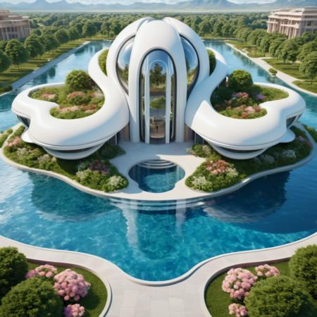 <lora:JJsFuturismStyle_Building_XL_dim128:1>, ((Futurism)),(masterpiece),(high quality), best quality, real,(realistic), super detailed, (full detail), (building),8k,scenery, sky, outdoors, cloud,  water pool, blue sky, water fall,  reflection, flower,tree,bush,grass,