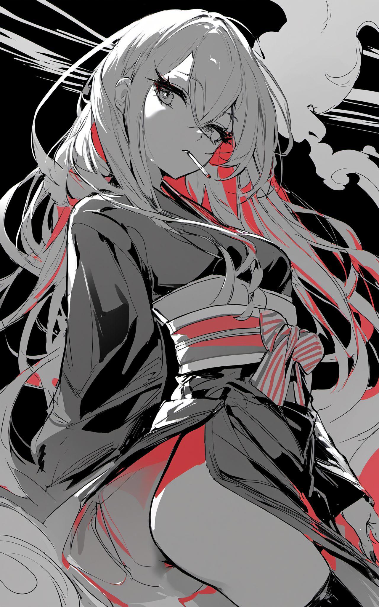 score_9,anime_coloring,line art,rough sketch,sketch,limited palette,1girl,emo_kimono,Japanese pattern,thighhighs,loafers,medium long hair,hair between eyes,long sleeves,colorful longhair,long lower eyelashes,standing,looking back,cigarette in mouth,mouth hold,spit out smoke,leaning back,medium breast,listless,downer,inner thighs,looking away,head tilt,solo,simple background,black background,close up,reflecting,from side,