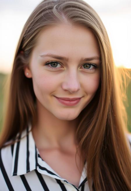 a young woman with long brown hair. She looks straight at the camera and smiles slightly. She has blond skin and expressive green eyes. A woman is wearing a shirt with vertical black and white stripes. Background nature, lighting is soft, sunset.