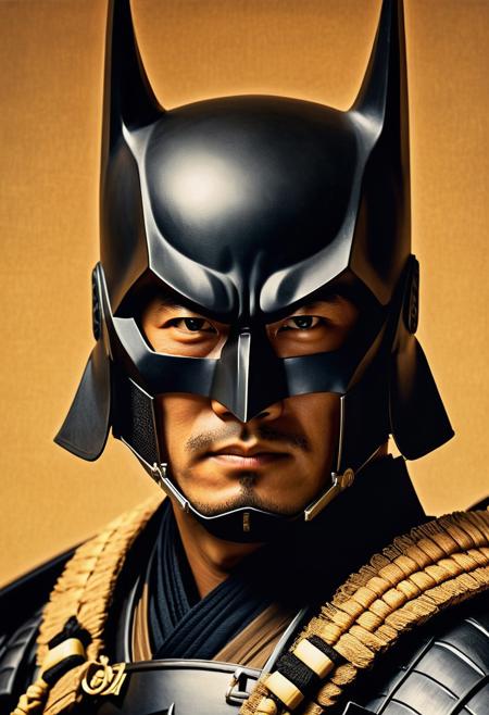 Centered, Incredibly Detailed Accurate Picture Of a Samurai As Batman In 1940's Japan, close-up portrait, shallow depth of field, warm color grading, Oil painting, linkedin portrait, by Aaron Garbut, by Gustave Courbet, by Jules Breton, close up, natural beauty