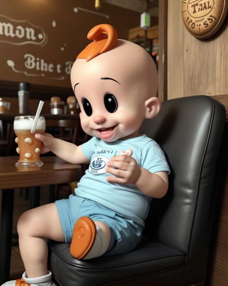 A photo of a BambaBaby sitting at a pub with a glass of milk in front of him <lora:BambaBaby:1>