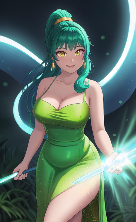 flaming aura, ring of fire, SFW, 1Girl, Adult, (fat Macanese:1.2) woman, medium breasts, very long light green high ponytail hairstyle, wearing yellow prom dress outfit, turquoise jewelry, brushed titanium accents, glowing iris, green-yellow eyes, optimistic expression, exuberant alluring composition ambience with mossland background, , subsurface scattering, ray traced, depth of field, bokeh, god rays, vivid colors, cinematic hard lighting, realistic shadows, detailed textures,