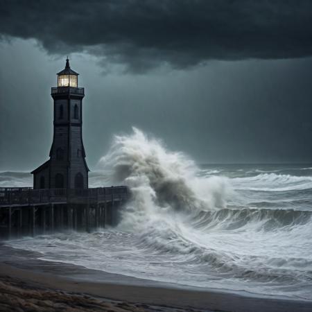 lighthouse at end of beach, heavy rain, storm, massive waves in background, windy
gothic, eldritch, creepy, dark
ultra detailed, dramatic lighting, cinematic, HDR