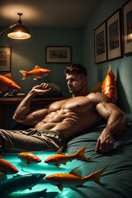 realistic, masterpiece, best quality, cinematic lighting, natural shadow, highest detail, professional photography, detailed background, depth of field, insane details, intricate, aesthetic, detailed face, subsurface scattering, realistic hair, realistic eyes, shiny skin, muscular, masculine, photo of a handsome man, (20 year old), indoor, bedroom, lying in bed, pajamas, sweatpants, glowing, gold-fish, fish, looking away,