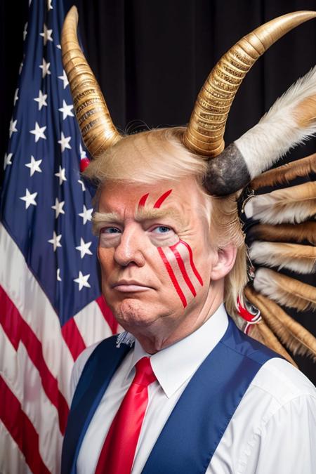 portrait photo of donald trump as q4n0n5h4m4n:0.9, horns, patriotic facepaint, detailed face, hasselblad h6d-400c 1.4, outside washington dc