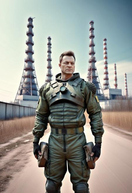 image of a 30yo human male stalker of average build holding a rare artifact in hands, with a look of awe and wonder on their face, as if he have discovered something truly extraordinary, he is in Stalker jumpsuit "Zarya", with the haunting silhouette of the Chernobyl power plant looming in the background, art style, concept art