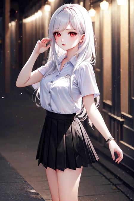 (extremely detailed CG:1.2), (masterpiece:1.2), (best quality:1.2),background,absurdres,cowboy shot,full body,(1girl),\(white hair:1.3)\,\((red eye:1.2\)),(thai university uniform),(white shirt),(black skirts:1.4),(short skirt:1.2),dynamic pose
,standing,(thai theme),(thai school),(night light:1.3),(beautiful detailed hair),(highly detailed hair),(beautiful detailed eye),(highly detailed eye),(beautiful detailed girl),<lora:thai university-3:0.9>