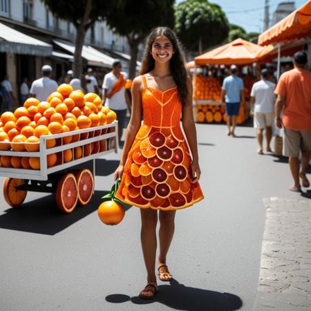 Brazilian girl, selling orange fruit in streets, wearing orange sliced shaped dress, <lora:blood_orange_world_morph_sdxl:1> , sunny day, people walking, vendor stand, blood orange style