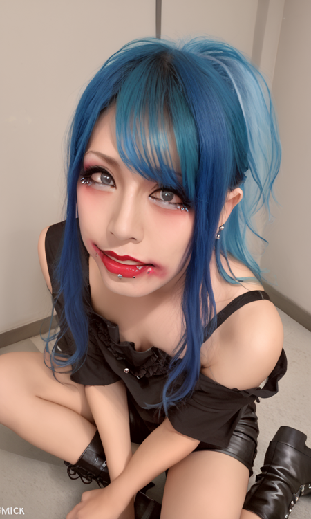 t4k4sh1, gray eyes, blue hair, lipstick, mouth piercing, black top, black blouse, showing shoulder, black shorts, black boots