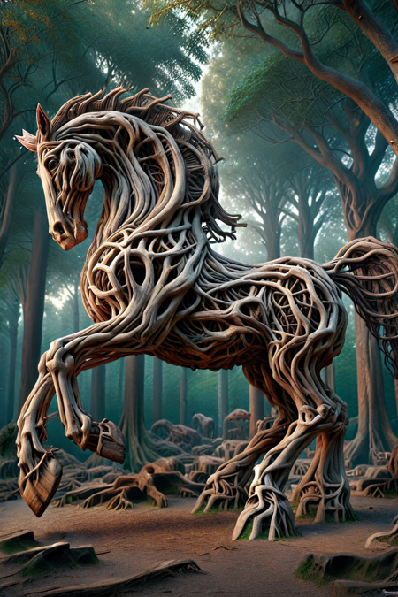 PG-TR, ancient war horse, ancient trees towering overhead, dusk time ambiance, detailed, fantasy art,  cinematic photography  <lora:Treeroots_0_90_multi2_Handprocessed_V2:1>