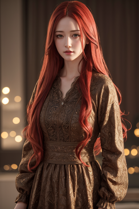 high quality, best quality, photo-realistic, raw-photo, realistic, ultra realistic 8k cg, ultra-detailed, High definition, masterpiece, 1girl, long hair, redhair, emotionless, full-lenght body shot, intricate details, detailed texture, finely detailed,