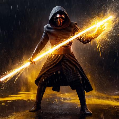 Hyperrealistic art of  <lora:Kylo Ren:1.2>
Kylo Ren an realistic photo of a man in a dark suit holding a  lightsaber with yellow golden liquid fire and heavy rain in star wars universe, Extremely high-resolution details, photographic, realism pushed to extreme, fine texture, incredibly lifelike