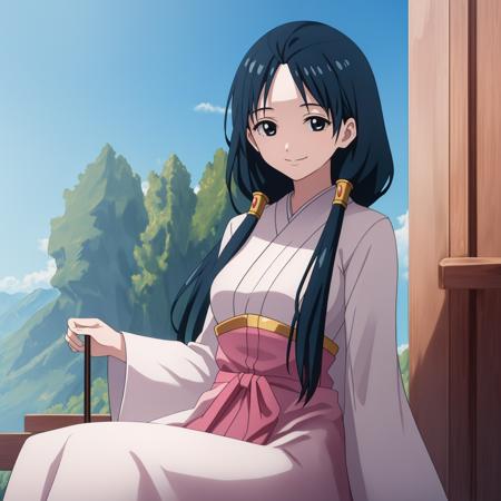 ((masterpiece)),((highres)),((best quality)),((highly detailed)),((extremely detailed CG unity 8k wallpaper)),illustration,Hakuei Ren,black hair,black eyes,medium breasts,facing viewer,smile,sitting,blue sky,outdoors,