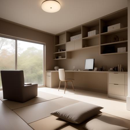 ((Best quality)), ((masterpiece)), ((realistic)) representation of a Japanese-style minimalist study room design. The study room beautifully combines the principles of Japanese aesthetics and minimalism, creating a serene and functional space. The design incorporates clean lines, uncluttered surfaces, and a focus on essential elements. Soft and natural lighting diffuses gently, creating a soothing atmosphere for concentration and reflection. The color scheme revolves around neutral tones and earthy hues, promoting a sense of harmony and peace. The study room is thoughtfully organized, providing ample storage and workspace while maintaining a minimalist aesthetic. The high-definition image captures the intricate details of the design, from the simplicity of the furniture to the natural textures. This Japanese-style minimalist study room design offers a calm and inspiring environment for focused work, contemplation, and personal growth. On eye level, scenic, masterpiece.