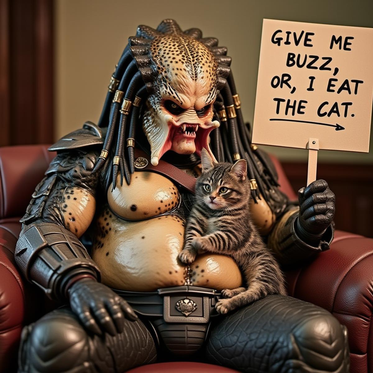 a overweighted alien predatopr with a fat stomac is sitting on a couch with a cat on his lap. He holds a sign with the text "Give me buzz or I eat the cat"<lora:PredatorV2:0.8>