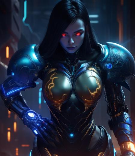 Cybernetic iron female and blue dragon near her with gold inserts on the cover in cyberpunk style with neon illumination, shoulders bare : Black Ink Flow: 8k photorealistic masterpiece, intricately detailed liquid gouacheintricately detailed, complex, elegant, expansive, fantasy background <lora:4x_RealisticRescaler_100000_G:1> <lora:epiNoiseoffset_v2:1>