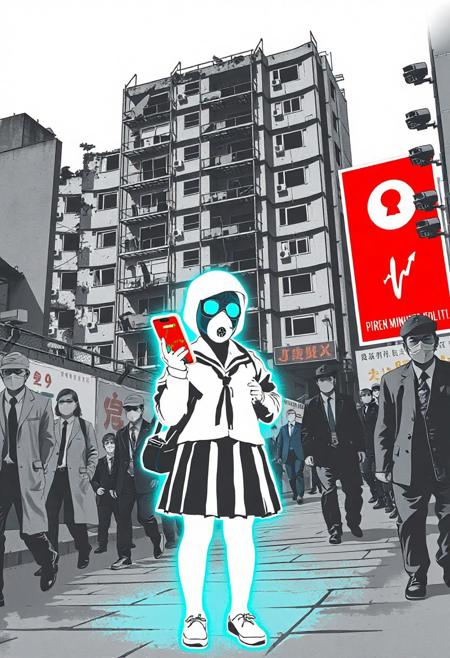 JNANX,luminous white silhouette,cyan glow,emerald highlights,flickering outline,dreamlike movement,
A Banksy-style stencil graffiti artwork. A Korean high school girl in uniform and a gas mask stands in front of a crumbling apartment complex with shattered windows and scaffolding. She holds a smartphone glowing red and green, showing a rising cryptocurrency chart. Beside her, a homeless elderly man extends his hand for help, but she ignores him. In the background, people wearing suits and masks walk past giant propaganda posters and security cameras. The whole scene is grayscale, with only the phone screen in vivid color. Urban decay, inequality, generational divide — bold, satirical, politically critical.