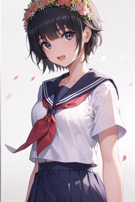 uiharukazari, <lora:uiharukazari-lora-nochekaiser:1>,
uiharu kazari, (black eyes:1.5), black hair, flower, hair flower, hair ornament, head wreath, short hair, bangs, blunt bangs, <lora:talkmouth_A_v100:1>, open mouth,
BREAK armband, sakugawa school uniform, school uniform, serafuku, skirt, summer uniform, neckerchief, red neckerchief, blue sailor collar, blue skort, short sleeves,
BREAK looking at viewer, upper body, fully body,
BREAK indoors, classroom,
BREAK <lyco:GoodHands-beta2:1>, (masterpiece:1.2), best quality, high resolution, unity 8k wallpaper, (illustration:0.8), (beautiful detailed eyes:1.6), extremely detailed face, perfect lighting, extremely detailed CG, (perfect hands, perfect anatomy),