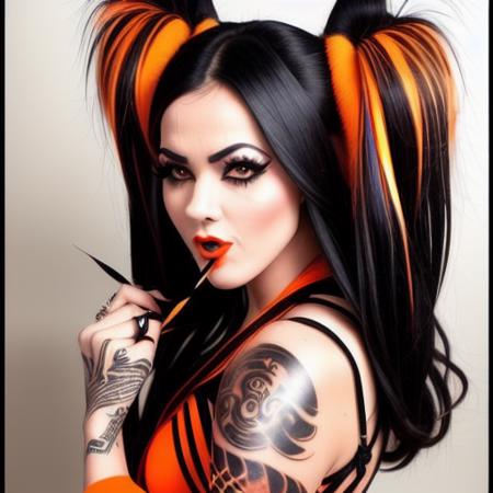 trixy_treats, ((((beautiful face)))), ((perfect face)), deliberate, masterpiece, best quality, highest quality, cinematic lighting, very beautiful, ultra realistic, tattoos, tattooed, beautiful, black dress with orange vertical stripes,