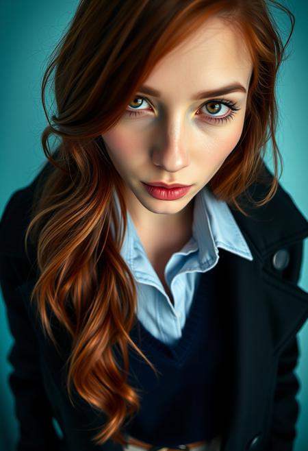 extreme close-up taken with 4mm f2.8 Fisheye Lens, focus on the nose, an avant-garde photograph of a 19-year-old French-Spanish supermodel with long wavy auburn hair, set against a pale turquoise background. She wears an open black trench coat over a pale blue collared shirt and navy v-neck jumper, paired with a micro skirt. Her bright eyes and soft, blushing cheeks convey a thoughtful, seductive expression, enhanced by rim lighting and film grain texture, creating a moody, fashion magazine cover aesthetic.