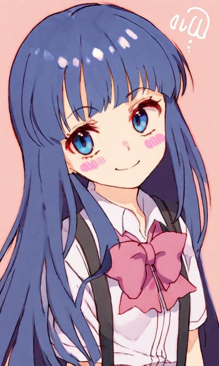 by olys, furude rika, 1girl, arm behind back, blue eyes, blue hair, blush stickers, bow, bowtie, hand up, hime cut, long hair, pink bow, pink bowtie, pleated skirt, shirt, skirt, smile, solo, suspender skirt, suspenders, upper body, white shirt, <lora:sdxl - Char - Furude Rika-000007>