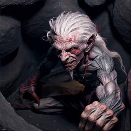 <lora:RPGKobald:1> kobald:1.2, solo, red eyes, colored skin, teeth, white hair, long hair,  old, old man, blurry, blurry background, realistic:1.3, dark cave