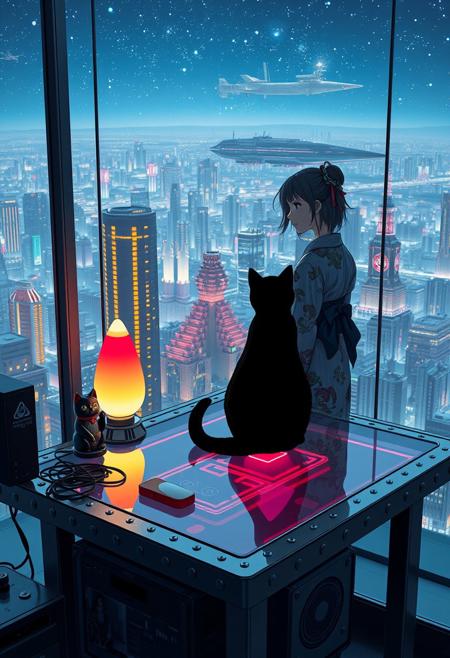 Jiji, the cat from Kiki's Delivery Service sits on a cluttered metal riveted desk with transparent top and rgb led computer components visible inside, On the desk are a maneki neko statue and a lava lamp, Jiji the Black Cat is looking out of a seamless and futuristic floor to ceiling window that looks out at a very high view from an apartment on the 400th floor of a futuristic Tokyo skyscraper, the year is 2250, The city has thousands of enormous wide and tall futuristic skyscrapers and space ships covered with lights in the sky, (((Kiki from Kiki's Delivery Service, 24 years old, is standing next to the cat looking out at the enormous city at night, filled with buildings of many shapes and sizes, some over a mile tall))), Kiki is dressed in an ornate Japanese style bath robe. An enormous starship with futuristic lighting and design is visible high above the city, and a space station is visible in the background among the stars, The woman's hair is messy from just waking up and tied up with a ribbon. Artistic cyberpunk, dynamic perspective, The focus is on Jiji and Kiki standing together looking out the window at the view together, (((overall architectural aesthetic is Art Deco Cyberpunk))).  Mt Fuji can be seen in the far distance,
