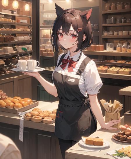 (masterpiece), (best quality), (intricate_details:1.1), (finely detailed:1.4), (distinct_image:1.2), (cafe background), solo girl, cute, ((face focus)), shiny red eyes/black hair, cat ears, (thick thighs:0.85), (medium breasts), shirt, [[tight waiter pants]], apron, arms behind back,