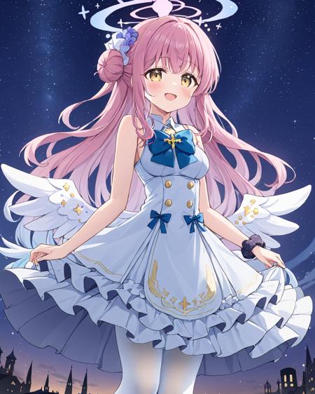 breathtaking,mika \(blue archive\),1girl, solo, breasts, looking at viewer, blush, smile, open mouth, hair ornament, dress, bare shoulders, medium breasts, flower, pantyhose, frills, parted lips, wings, sky, sleeveless, hand up, hair flower, bowtie, hair bun, white dress, bare arms, night, sleeveless dress, feet out of frame, halo, blue bow, scrunchie, frilled dress, star (sky), night sky, feathered wings, starry sky, white pantyhose, angel wings, white wings, blue bowtie, single side bun, low wings, wrist scrunchie
 <lora:Mika_image124_v1:1> . gorgeous,key visual, vibrant, studio anime,award-winning, professional, highly detailed,high budget, cinemascope